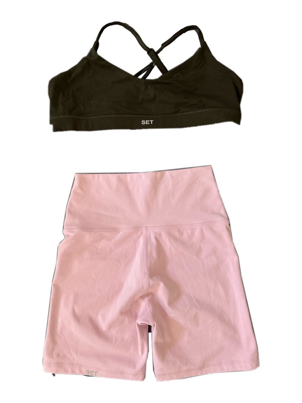 SET Active Pink Biker Shorts and Black Sports Bra Set